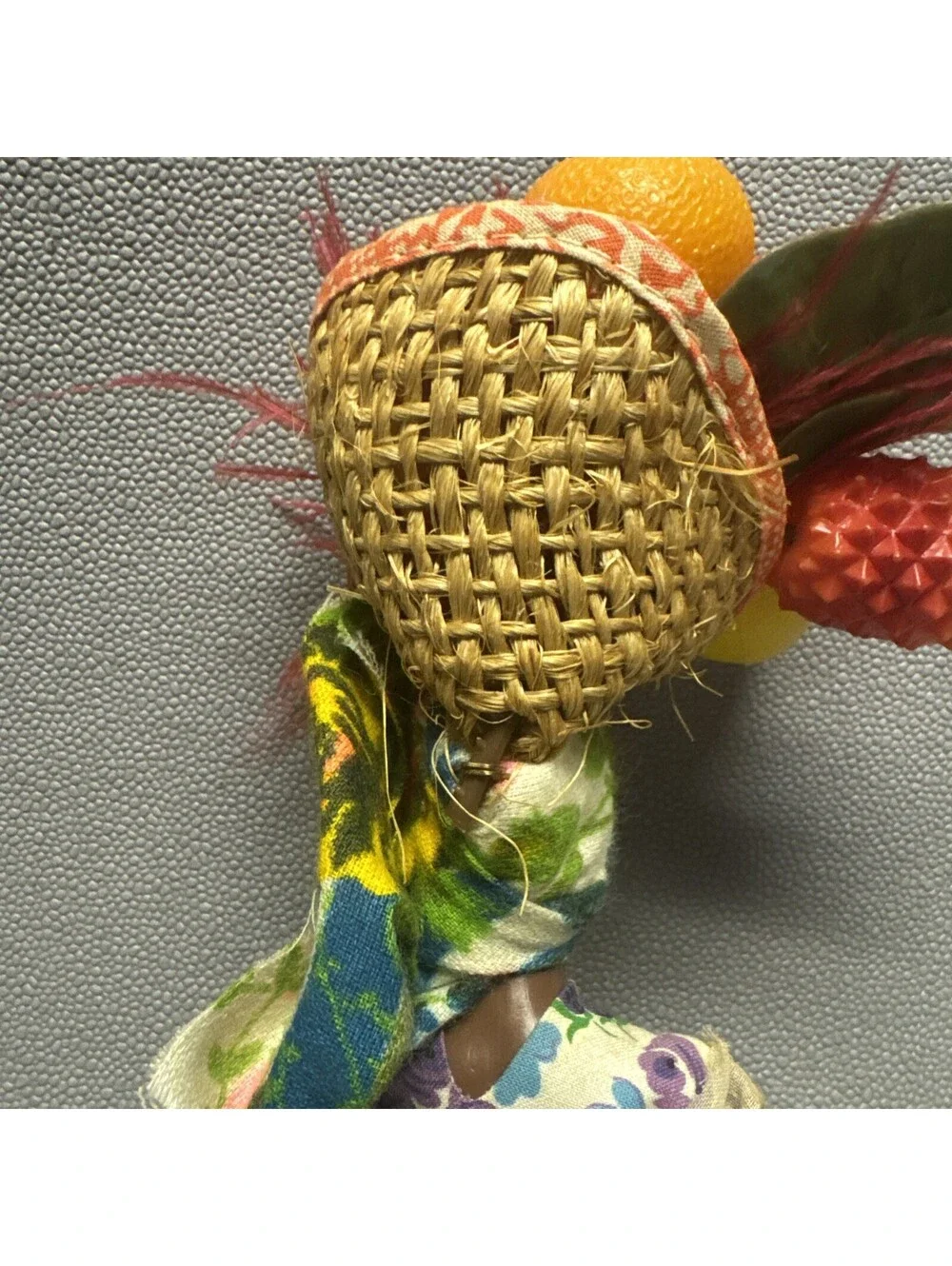 Vtg 70s Carribean Island Doll Tropical Fruit Hat Souvenir Black Sleepy Eyes 10”